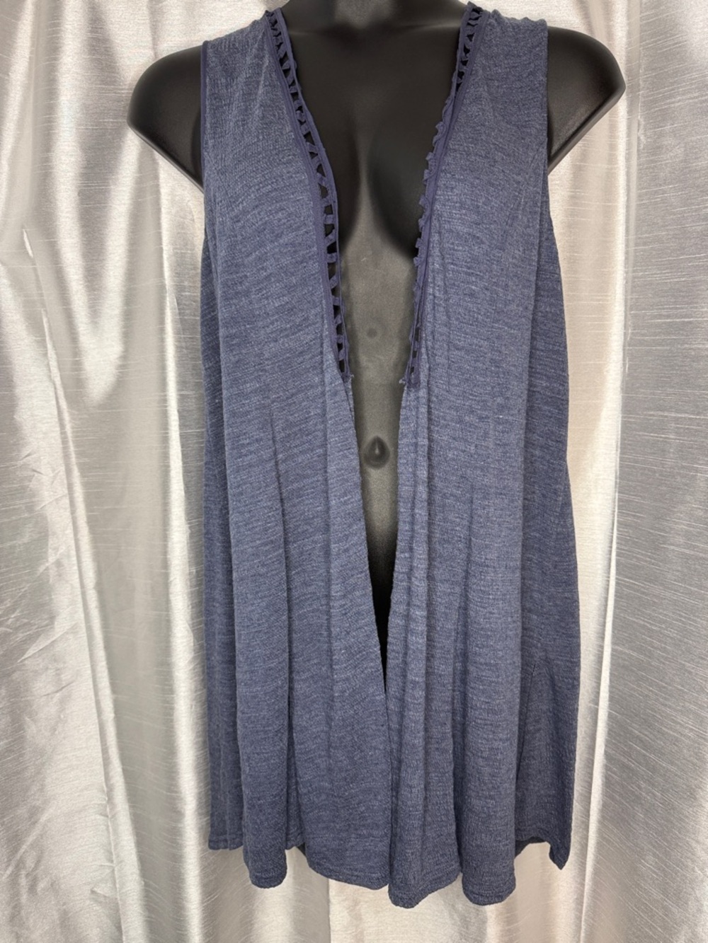 Esley Sleeveless Open Cardigan Duster Slate Blue Gauze Texture Strappy Detail